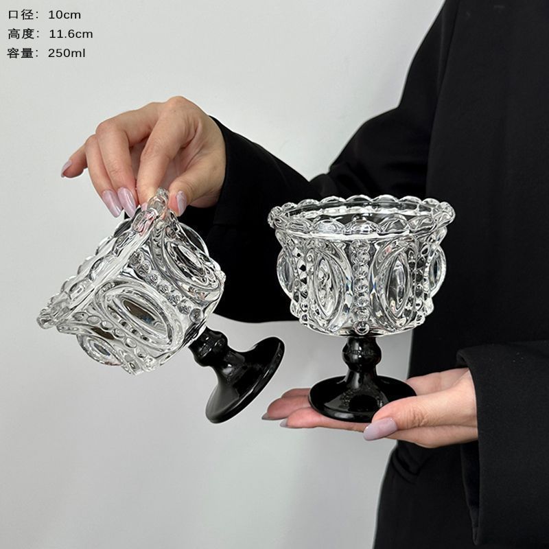 Vintage Embossed Glass Cup, Luxury High-Foot Crystal Dessert Cup for Ice Cream, Yogurt & Home Use