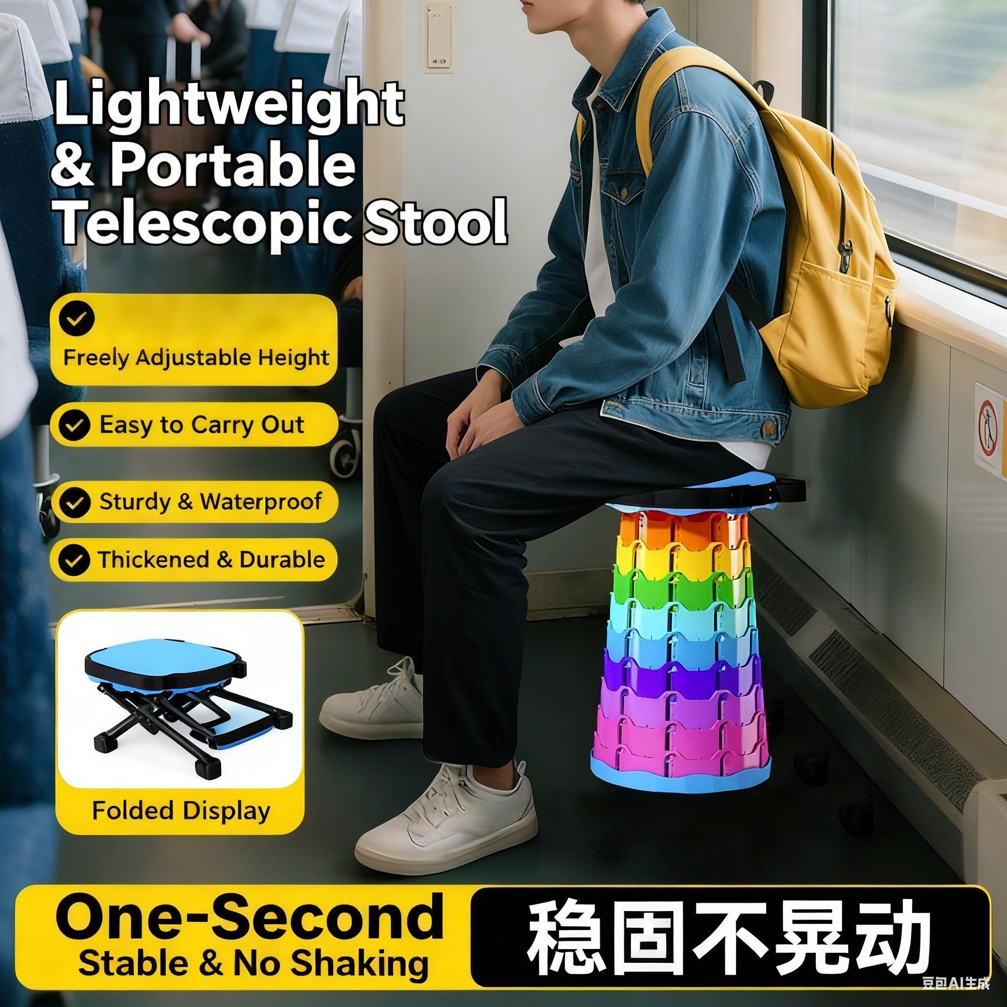 Rainbow outdoor telescopic portable folding stool extra thick foldable plastic fishing household stool queuing train travel