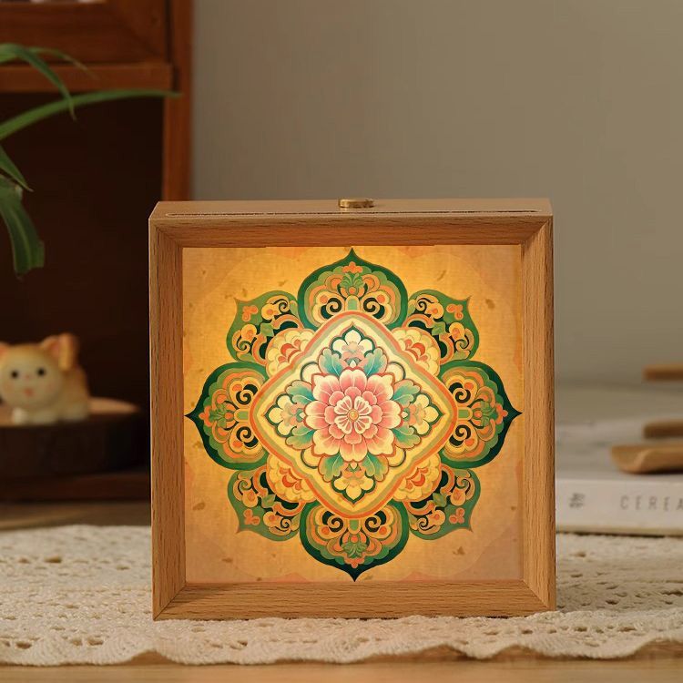 Rechargeable Dunhuang Motif Wooden Frame Night Light Creative Ambient Lamp Desktop Decor